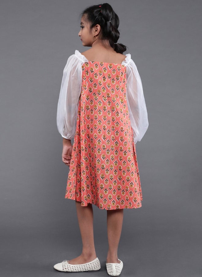 AKS Peach Floral A-Line Dress for Girls - Image 4