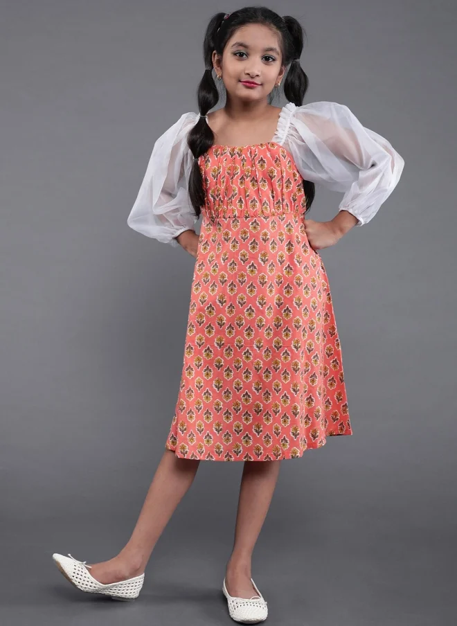 أيه كيه إس Peach Floral A-Line Dress for Girls