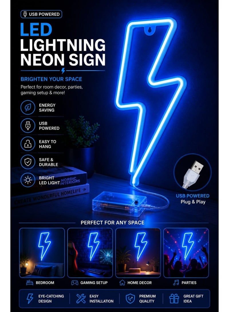 "Lightning Bolt Neon LED Wall Light - USB/Battery Powered, Decorative Night Lamp for Bedroom, Party & Wall Décor - Blue" - Image 1