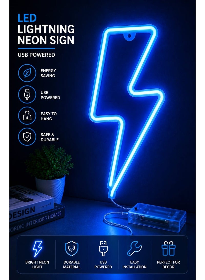 "Lightning Bolt Neon LED Wall Light - USB/Battery Powered, Decorative Night Lamp for Bedroom, Party & Wall Décor - Blue" - Image 2