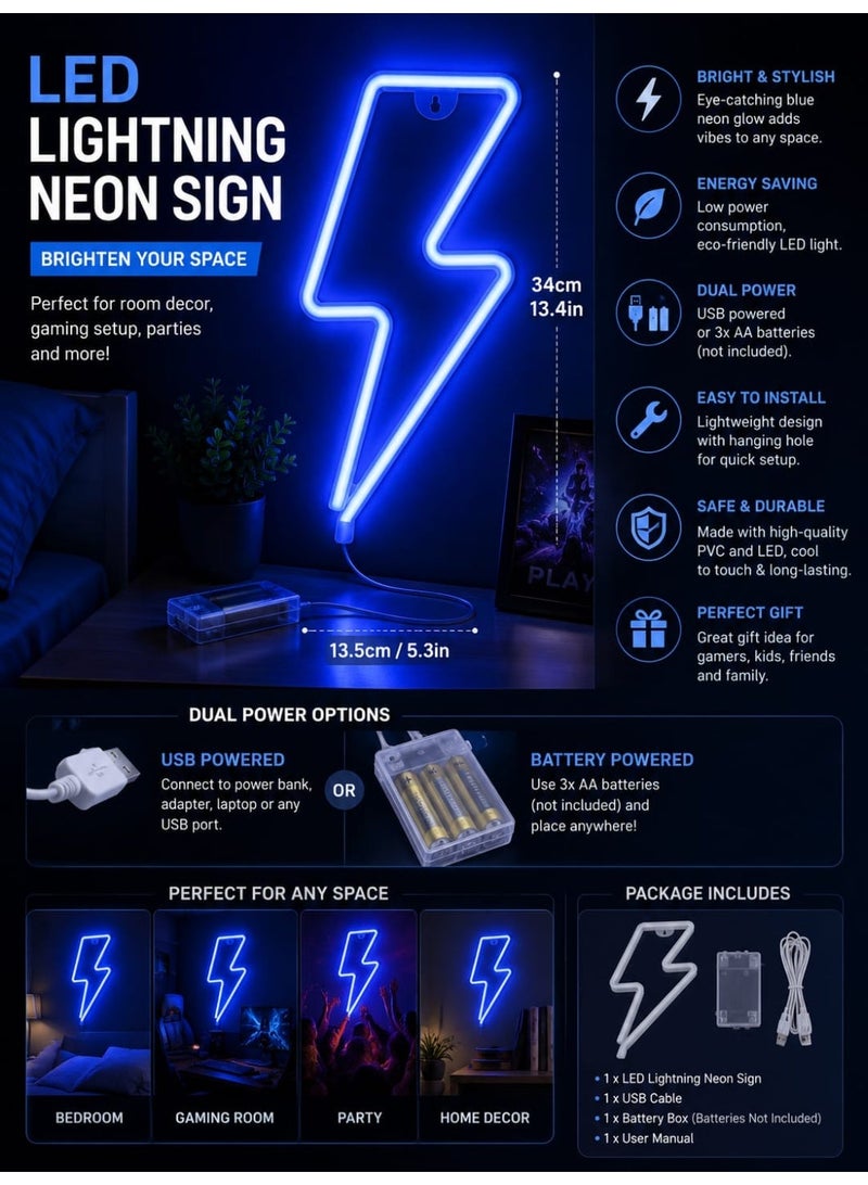 "Lightning Bolt Neon LED Wall Light - USB/Battery Powered, Decorative Night Lamp for Bedroom, Party & Wall Décor - Blue" - Image 3