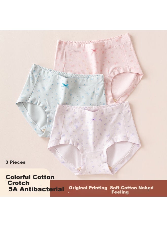 Dingguagua Top-quality Women's Underwear, Cotton Antibacterial Breathable Printed High-waist Triangle Panties, 3-pack, Size 160