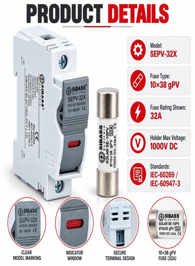 Daystar Solar 32A DC Fuse Holder with Pre-Installed DC Fuse (15A / 16A / 20A / 32A) – Sibass or Mersen Fuse – Overcurrent Protection for Solar Panels, Inverters & DCDB Systems (Sibass/32, Amps) - Image 2