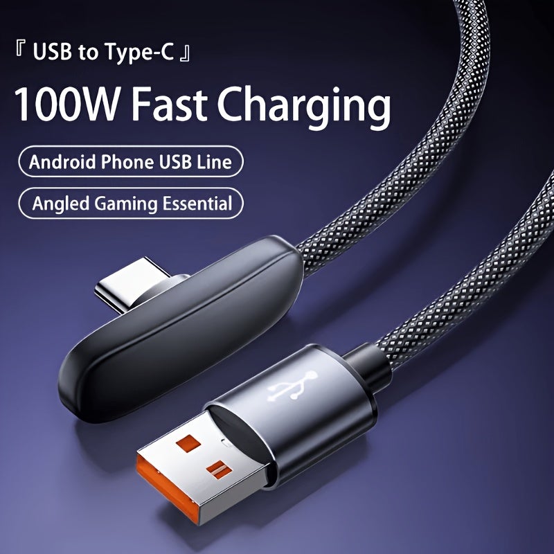 كابل شحن سريع USB إلى Type-C بقدرة 100 واط وتيار 6 أمبير، بزاوية 90 درجة، مضفر - Image 1
