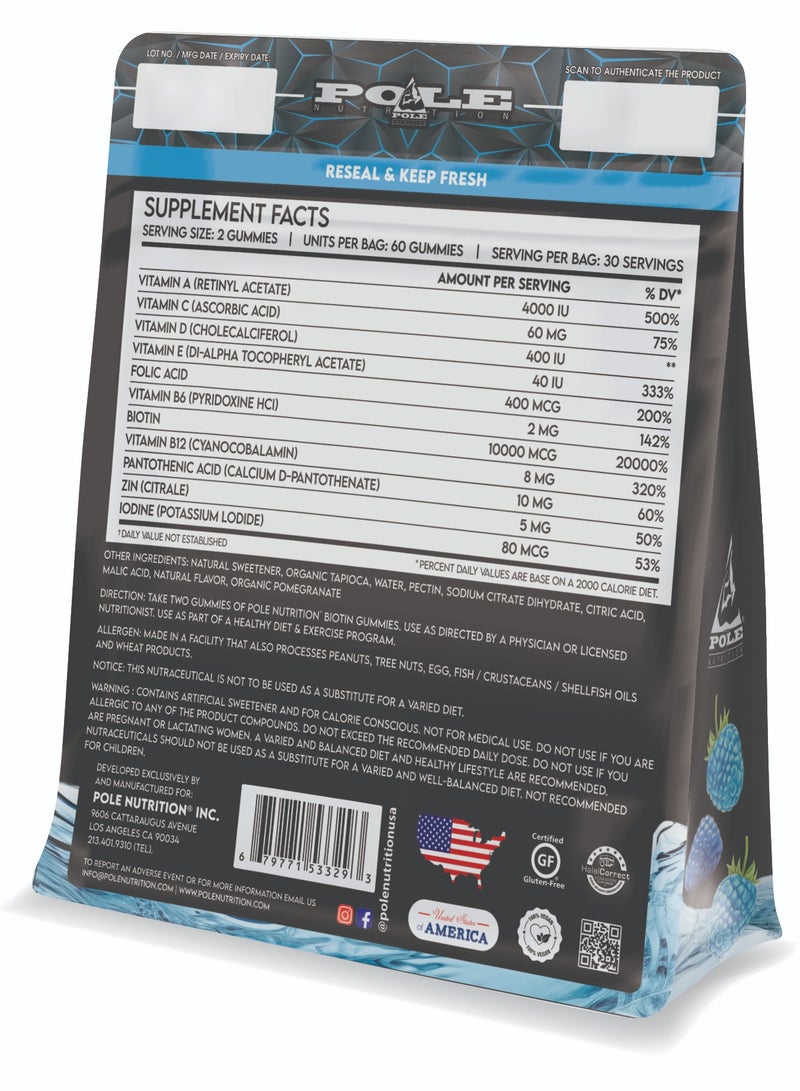 POLE NUTRITION Biotin Gummies 10000mcg -  Sugar Free (Blue Raspberry)  - Image 2