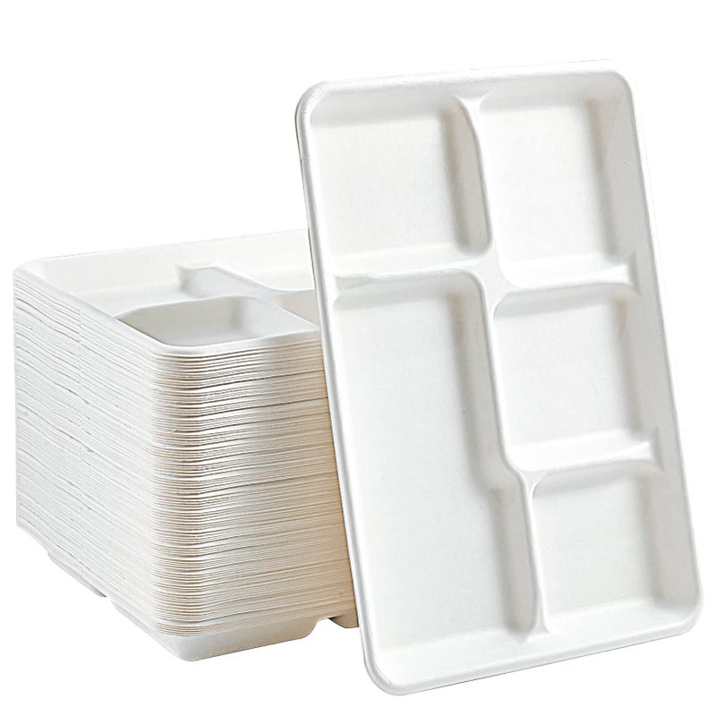 Vplus 100% Compostable 5 Compartment Paper Plates, 100 Pack, 12.5 x 8.6 inch Disposable School Lunch Trays, Eco-Friendly Bagasse Plates for Buffet, and Party - Image 1