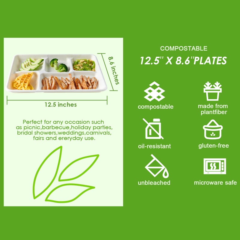 Vplus 100% Compostable 5 Compartment Paper Plates, 100 Pack, 12.5 x 8.6 inch Disposable School Lunch Trays, Eco-Friendly Bagasse Plates for Buffet, and Party - Image 3
