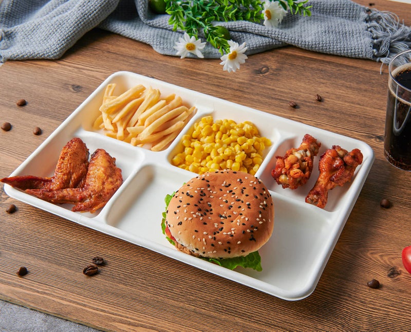 Vplus 100% Compostable 5 Compartment Paper Plates, 100 Pack, 12.5 x 8.6 inch Disposable School Lunch Trays, Eco-Friendly Bagasse Plates for Buffet, and Party - Image 2