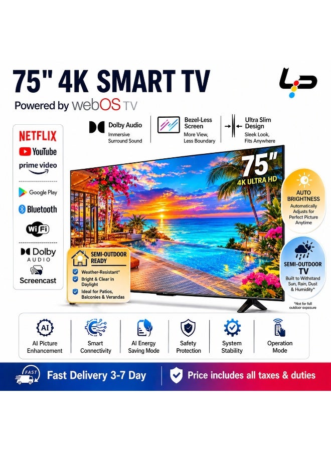 LP 75 Inch WEBOS Smart TV 4K UHD Rimless LED TV Dolby Decode Bluetooth 5.0 3HDMI 2USB For Home - Image 1
