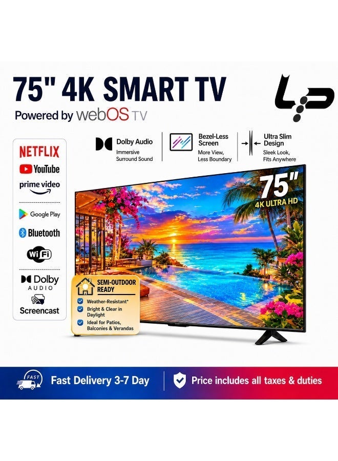LP 75 Inch WEBOS Smart TV 4K UHD Rimless LED TV Dolby Decode Bluetooth 5.0 3HDMI 2USB For Home - Image 1
