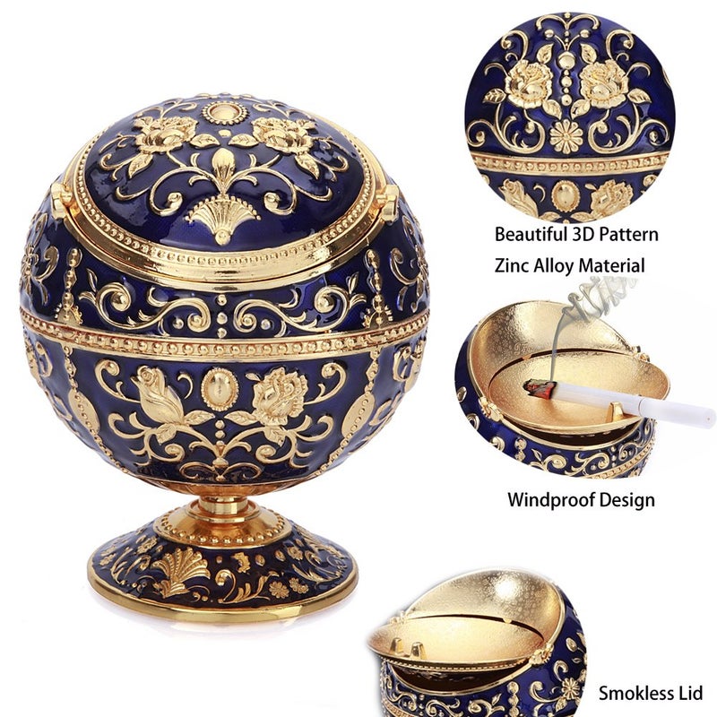 K COOL Windproof Ashtray with Lid Metal Portable Cigarettes Ashtrays for Outdoors Indoors Hand Stamped Pattern Smoking Ashtray Fancy Gift for Men Women(Navy Blue) - Image 3