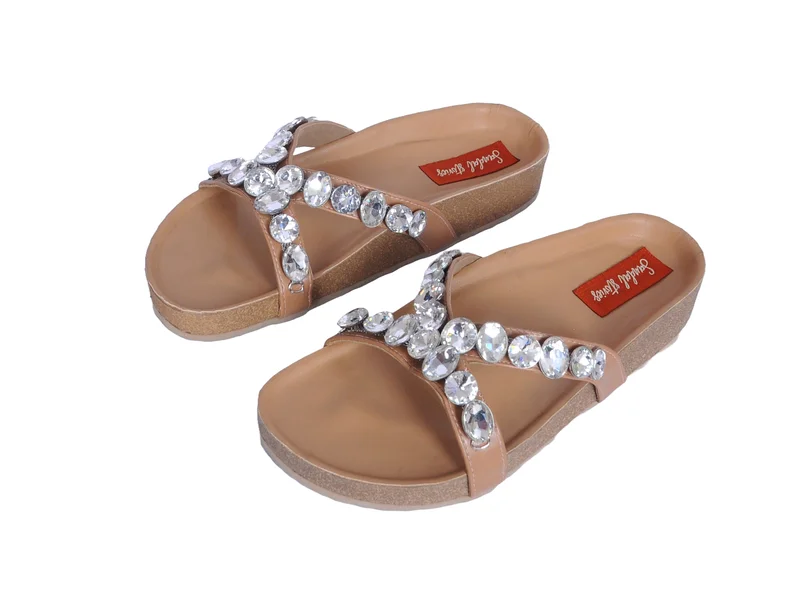 Sandal Stories Beige Embellished Comfort Cork Sliders for Women