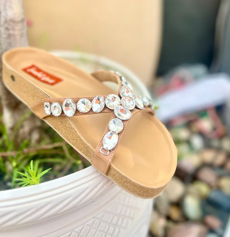 Sandal Stories Beige Embellished Comfort Cork Sliders for Women