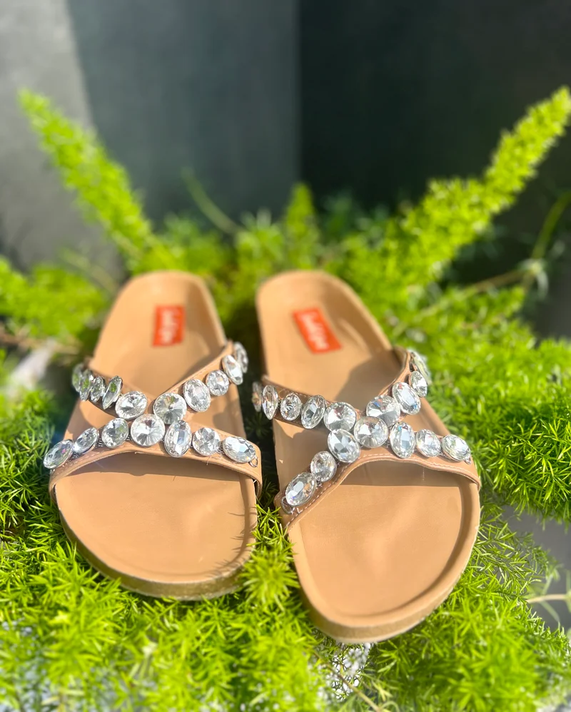 Sandal Stories Beige Embellished Comfort Cork Sliders for Women
