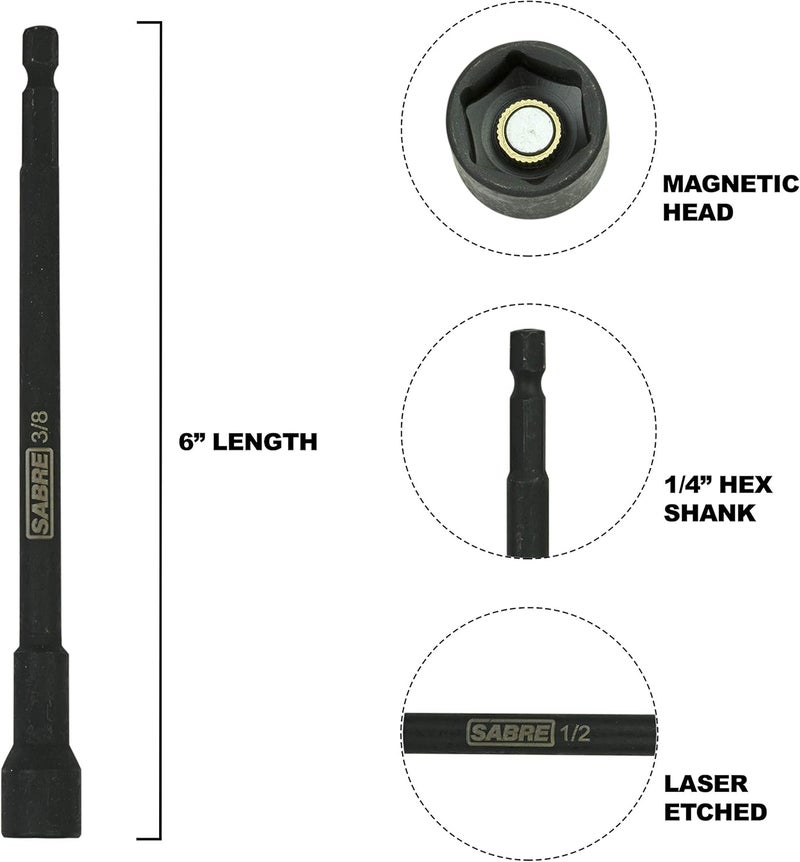 Sabre Tools 3/8 Inch Impact Magnetic Nut Driver – 6 Inch Length, 1/4 Inch Hex Shank, Magnetic Socket Tip (3/8” SAE) - Image 1