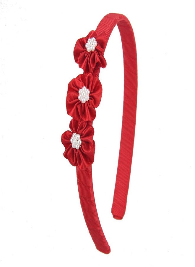 7Rainbows Boutique Triple Satin Flowers with 7 Faux Pearls Red Headbands for Girls Toddlers Teens and Even Adults. - Image 1