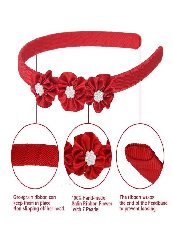 7Rainbows Boutique Triple Satin Flowers with 7 Faux Pearls Red Headbands for Girls Toddlers Teens and Even Adults. - Image 4