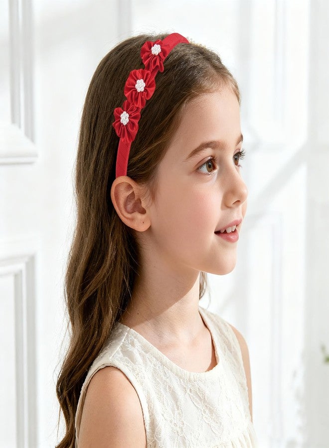 7Rainbows Boutique Triple Satin Flowers with 7 Faux Pearls Red Headbands for Girls Toddlers Teens and Even Adults. - Image 2