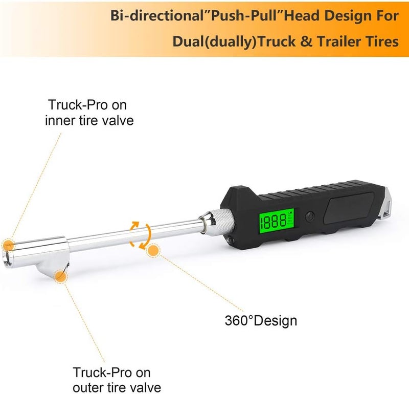 نمبر ون مقياس ضغط الإطارات الرقمي رقم واحد 230 PSI إيقاف تلقائي شاشة LCD بإضاءة خلفية عرض رقمي صمام قياس ضغط دوار برأس مزدوج ثقيل مع مصباح LED لـ RV سيارة شاحنة دراجة نارية - Image 3