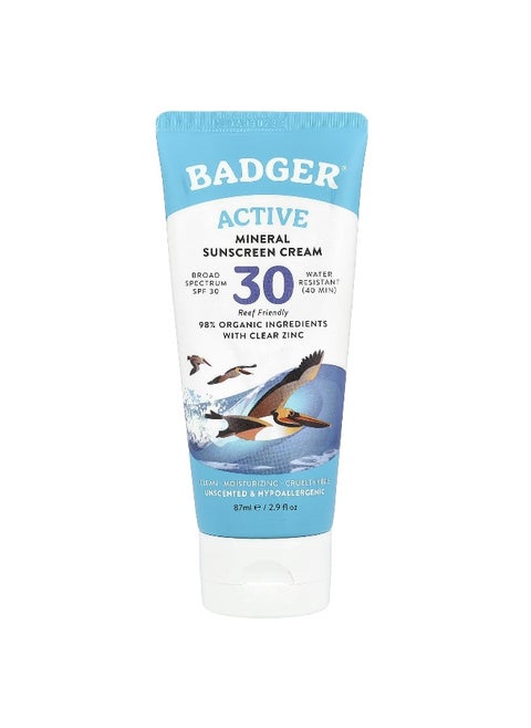 Badger, Active, Mineral Sunscreen Cream, SPF 30, Unscented, 2.9 fl oz (87 ml)