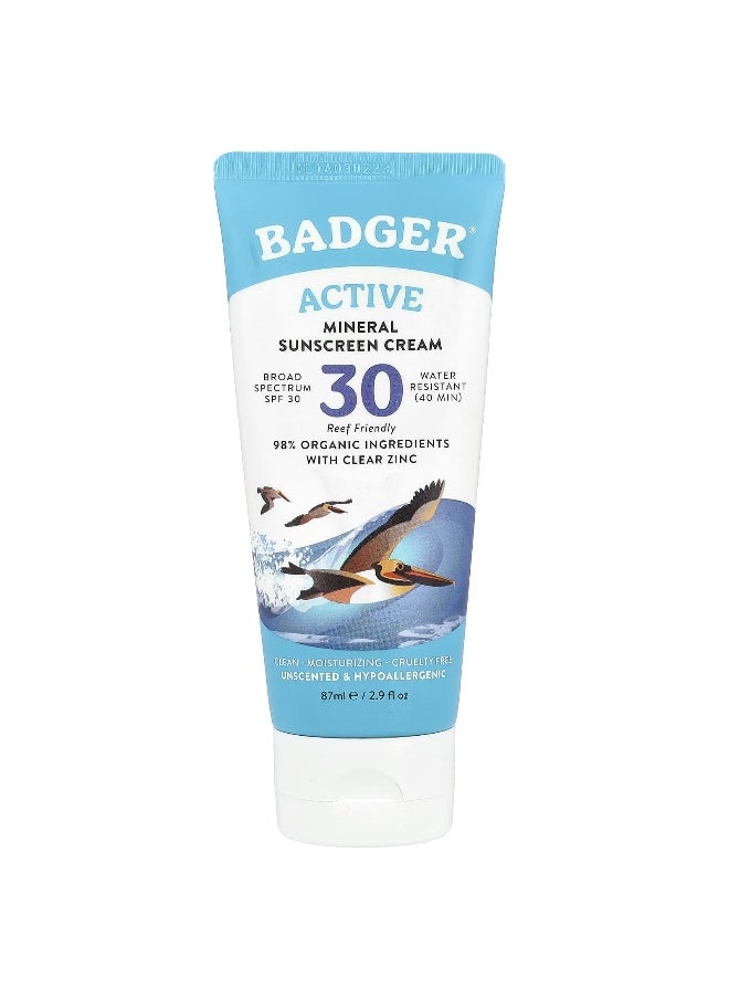 Badger - Badger, Active, Mineral Sunscreen Cream, SPF 30, Unscented, 2.9 fl oz (87 ml) - Image 1
