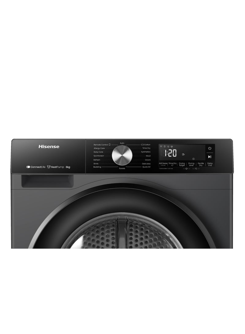 Hisense 8 KG Front Load Smart Drying Machine, A+++, Wi-Fi, Anti-Wrinkle, Automatic Drying, Reversible Door, Extra Drying, Anti Crease​, Premium Black, 8 kg DH3S802BT6 - Image 4