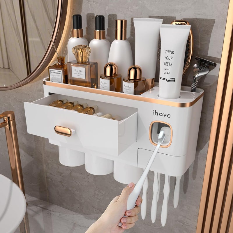 iHave Toothbrush Holders for Bathrooms - Upgrade Wall Mounted Toothbrush Holder with Toothpaste Dispenser - 3 Cups - Image 1