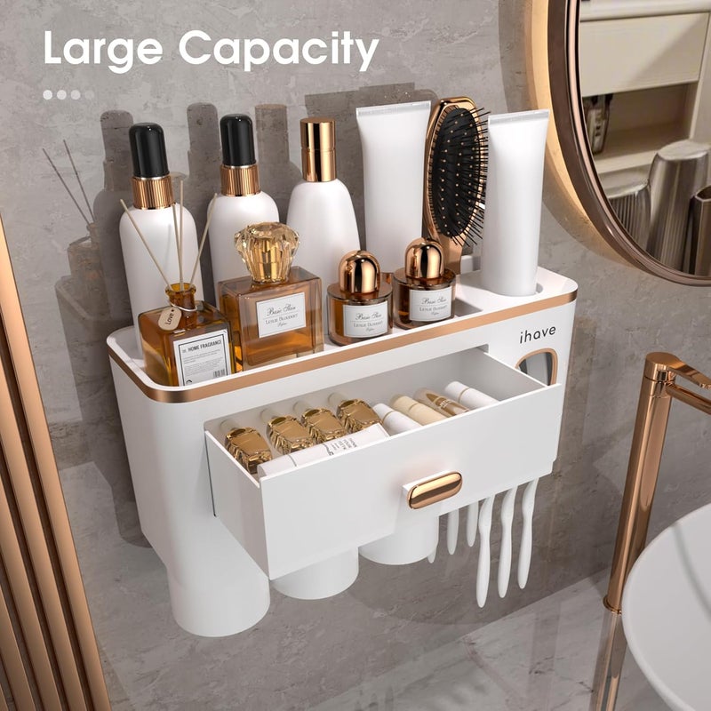 iHave Toothbrush Holders for Bathrooms - Upgrade Wall Mounted Toothbrush Holder with Toothpaste Dispenser - 3 Cups - Image 2