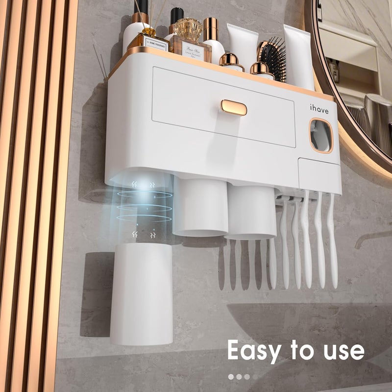 iHave Toothbrush Holders for Bathrooms - Upgrade Wall Mounted Toothbrush Holder with Toothpaste Dispenser - 3 Cups - Image 3