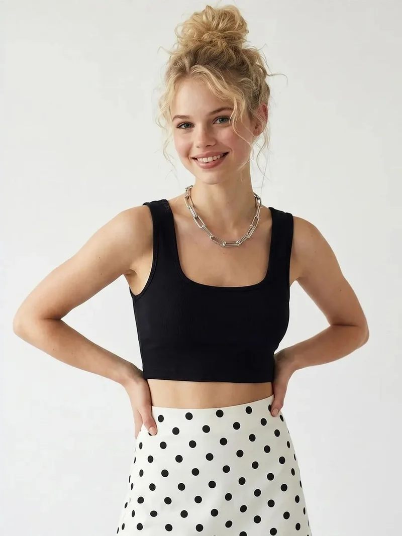 MIXRAY Women's Fitted Square-neck Crop Tank Top