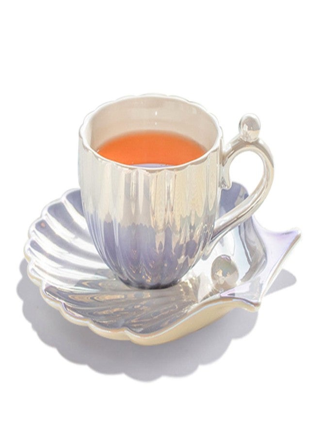 HwaGui Pearl Shell Cup and Saucer - 8oz Gradient Ceramic Coffee Mug, Vintage Tea Cup, Cappuccino Cup, Latte Art Cup for for Afternoon Tea, Birthday Gift (PURPLE) - Image 1