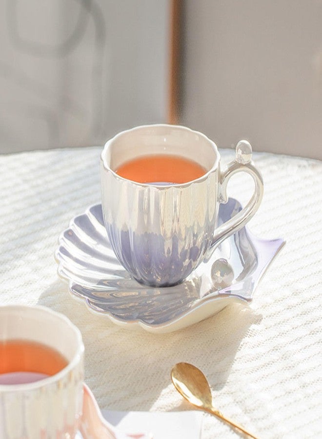 HwaGui Pearl Shell Cup and Saucer - 8oz Gradient Ceramic Coffee Mug, Vintage Tea Cup, Cappuccino Cup, Latte Art Cup for for Afternoon Tea, Birthday Gift (PURPLE) - Image 3