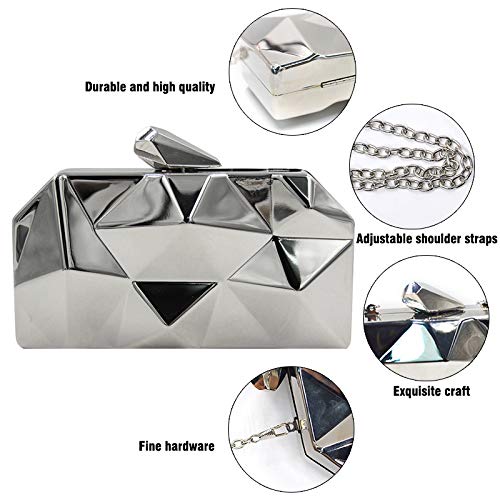 Lobagve Van Caro Womens Metal Clutch Geometric Evening Handbag Diamond Chain Purse, Silver - Image 5