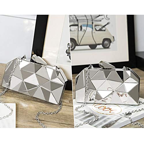 Lobagve Van Caro Womens Metal Clutch Geometric Evening Handbag Diamond Chain Purse, Silver - Image 3