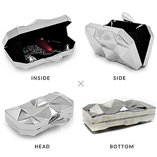 Lobagve Van Caro Womens Metal Clutch Geometric Evening Handbag Diamond Chain Purse, Silver - Image 4