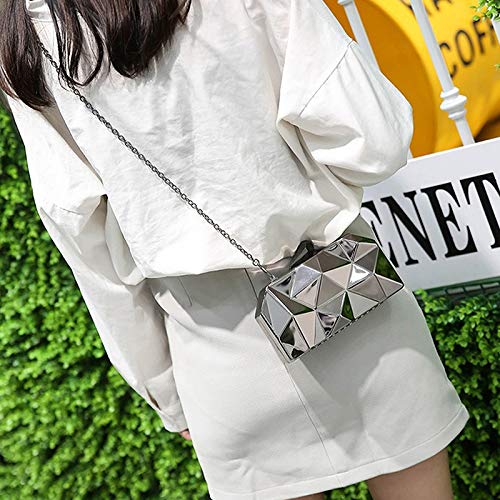 Lobagve Van Caro Womens Metal Clutch Geometric Evening Handbag Diamond Chain Purse, Silver - Image 2