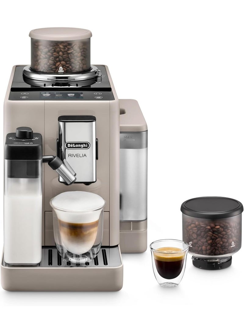 De'Longhi Rivelia Fully Automatic Coffee Machine With Lattecrema Hot, Automatic Milk Frother, Compact Size Bean To Cup Coffee Machine, 16 Recipes, Full Touch Colored Display 1.4 L 1450 W EXAM440.55.BG Beige - Image 1