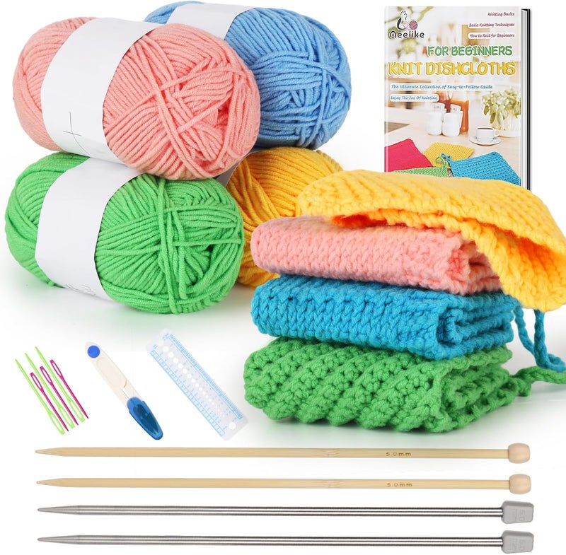 Aeelike Knitting Kit for Beginners, Complete Beginner Crochet Kit Easy Including Knitting Needles Set Cotton Yarn, Learn to Knit Dishcloth with Step-by-Step Instructions, Colorful - Image 1