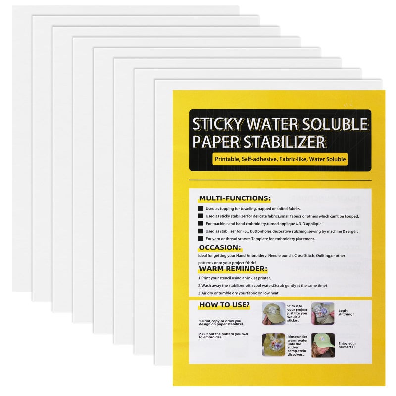 Avsty 8PCS Printable Embroidery Stabilizer,8.5"x11" Stitch Self Adhesive Wash Away Stabilizer,Sticky Water Soluble Embroidery Stabilizer Printable Paper Stabilizer for Print or Draw Patterns Hand & Machine - Image 1