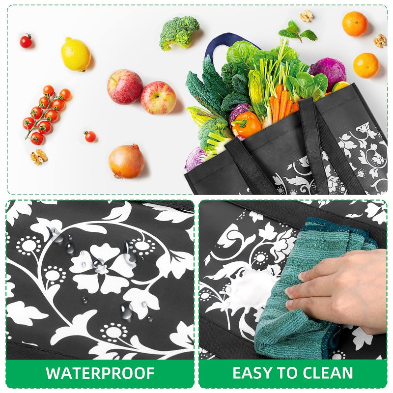 WOWBOX Reusable Grocery Bags Foldable Tote Bags bulk with Reinforced Handles Shopping Bags for Groceries Heavy Duty Large bags Kitchen Reusable Grocery Bags with Waterproof Coating 4-Pack  Black - Image 3