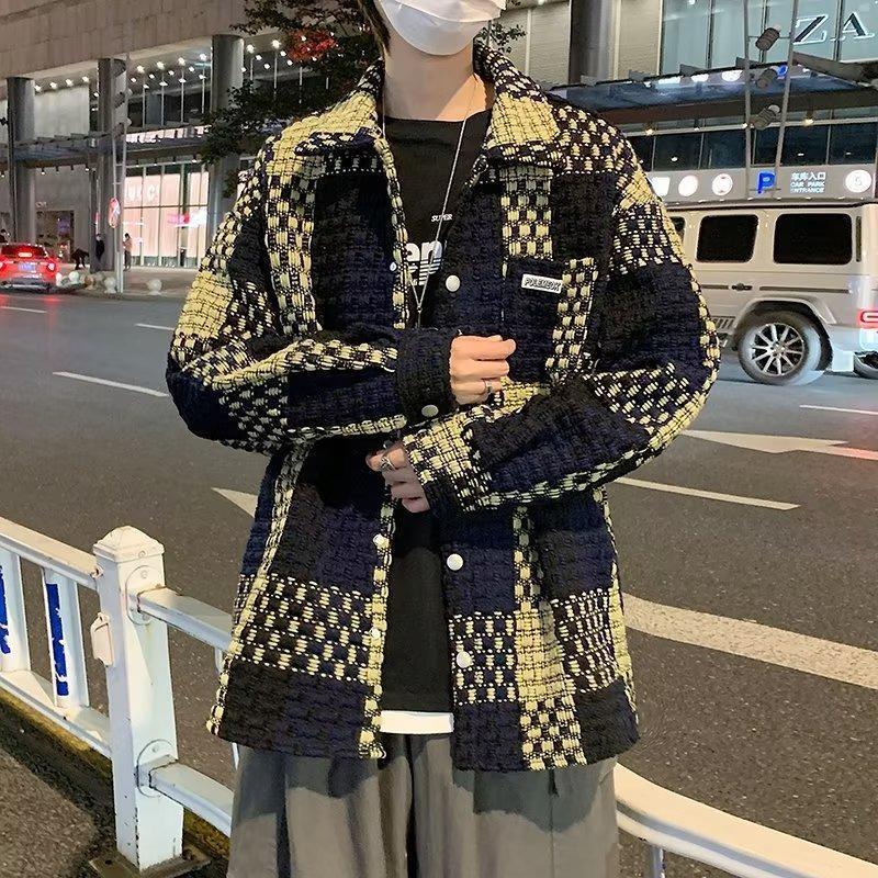 Chanel style plaid coat mens ins trendy spring and autumn ruoshuai fried street design sense Japanese retro loose all-match jacket Blue  - Image 1
