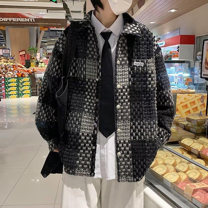 Chanel style plaid coat mens ins trendy spring and autumn ruoshuai fried street design sense Japanese retro loose all-match jacket Blue  - Image 2