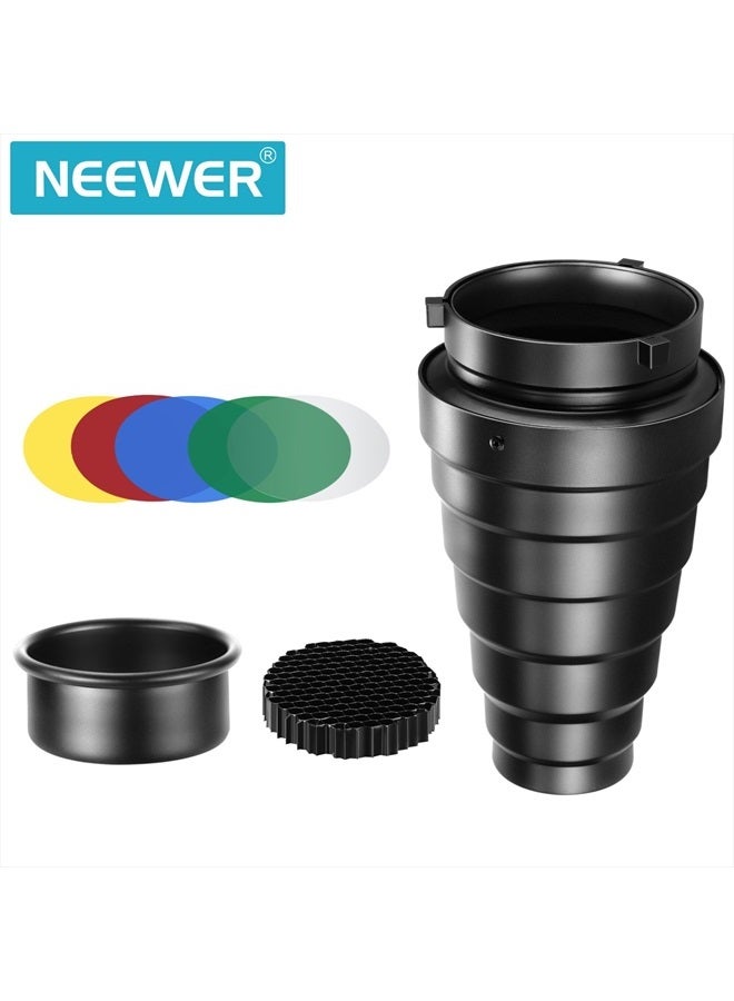 Neewer Medium Aluminium Alloy Conical Snoot Kit with Honeycomb Grid and 5 Pieces Color Gel Filters for Bowens Mount Studio Strobe Monolight Photography Flash Light - Image 2