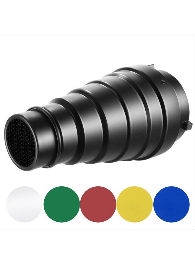 Neewer Medium Aluminium Alloy Conical Snoot Kit with Honeycomb Grid and 5 Pieces Color Gel Filters for Bowens Mount Studio Strobe Monolight Photography Flash Light - Image 1