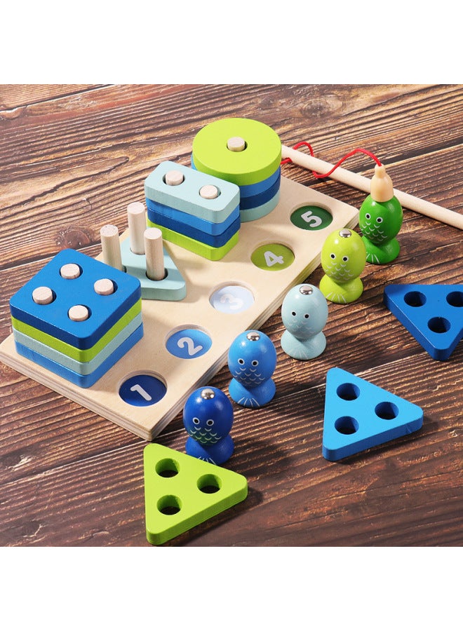 Children's Early Childhood Education Multi-functional Shape Matching Building Blocks Set Pillar Magnetic Fishing Radish Pulling Patch Pickup Parent-Child Wooden Toy-Color:OK-four Sets Of Column Fishing (color)  - Image 3