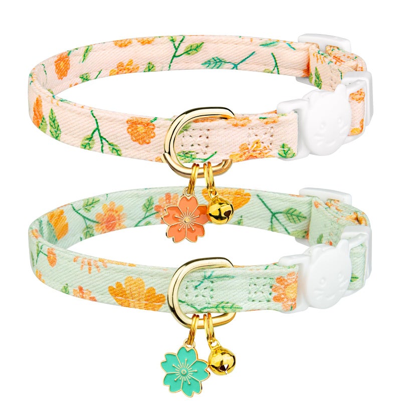 FYEQYAOU 2 Pack Cotton Breakaway Cat Collar Beige and Green Flowers Pendant Cute Kitten Cat Collar with Bell - Image 1