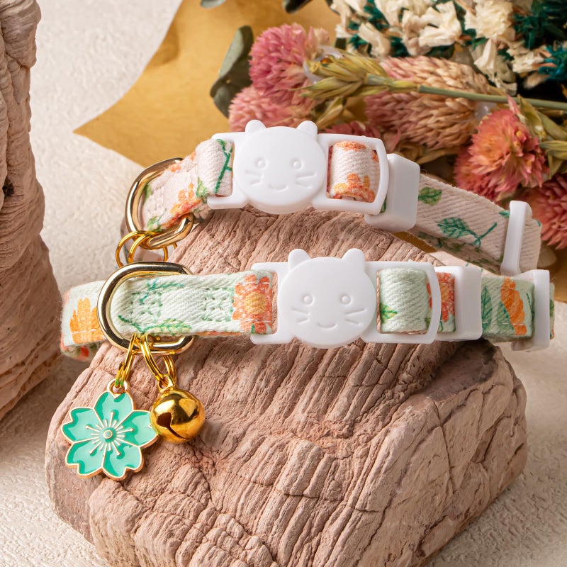 FYEQYAOU 2 Pack Cotton Breakaway Cat Collar Beige and Green Flowers Pendant Cute Kitten Cat Collar with Bell - Image 5
