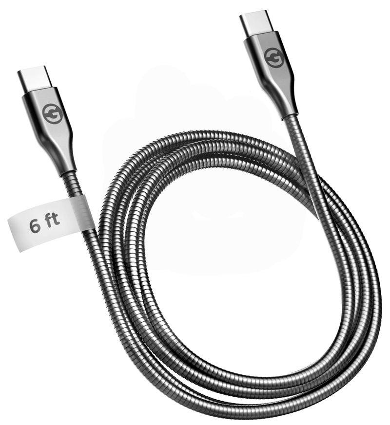 GALVANOX Pet Proof USB-C to USB-C Charger Cable - 6 Foot Braided Metal Ultra Durable Type C Charging Cord (Gunmetal) - Image 1