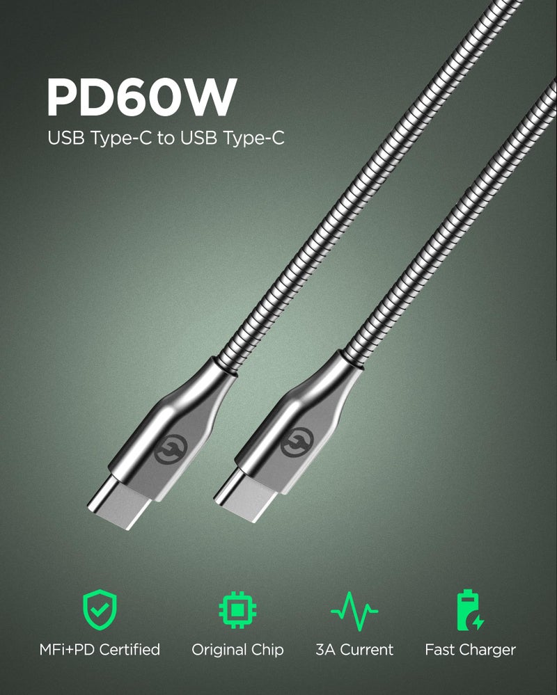 GALVANOX Pet Proof USB-C to USB-C Charger Cable - 6 Foot Braided Metal Ultra Durable Type C Charging Cord (Gunmetal) - Image 4