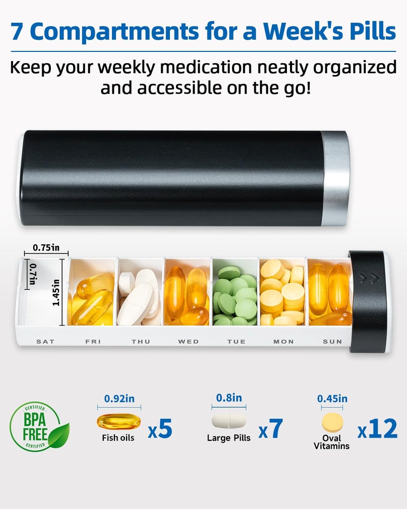 Betife Travel Pill Organizer Weekly 7 Day, Compact Daily Pill Box, Portable Medicine Case, Cute Pill Holder for Vitamins Supplements, Drawer-Shaped Pills Organizer (Black) - Image 2